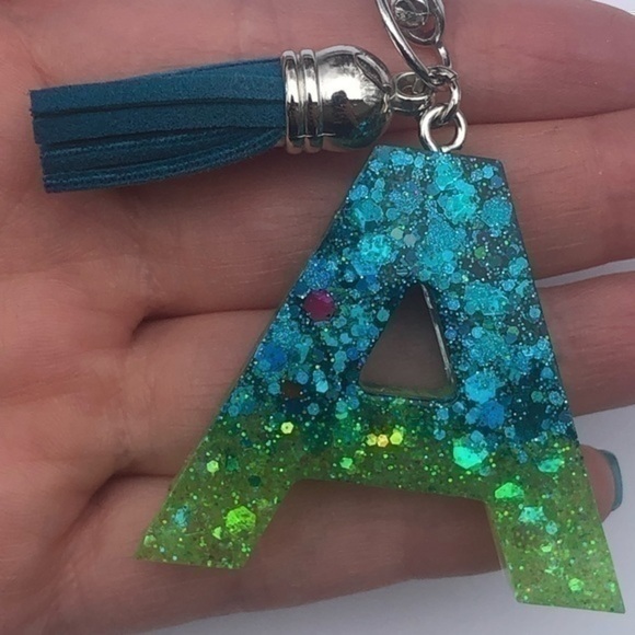Handmade A Aqua Blue & Green Resin Glitter Key Chain - Picture 6 of 6